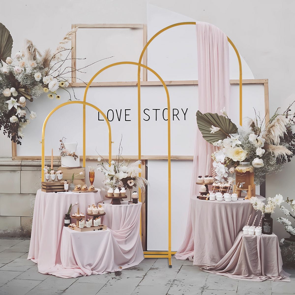 3-Piece Gold Wedding Arch Set, Iron Art Ceremony Arch Backdrop Stand 5.9ft 4.9ft 3.9ft for Indoor Outdoor Wedding Party Decor