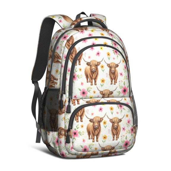 Highland Cow and Flower Print Backpack for School, Cute School Bag with Adjustable Shoulder Straps and Padded Back, 16.9"x12.6"x5.9"