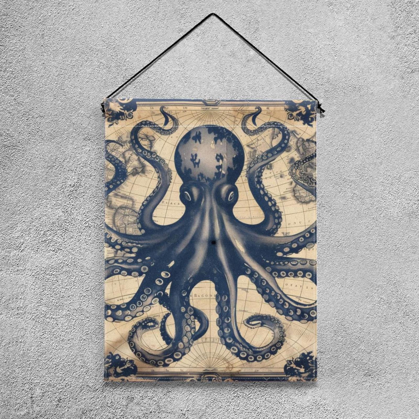 Funny Ocean Octopus Anchor Vintage Coastal Map Double Sided Garden Flag Decorative Weather Resistant Yard Flag, Large DIY Vertical Flag for Farmhouse Patio Lawn, 28x40 Inch
