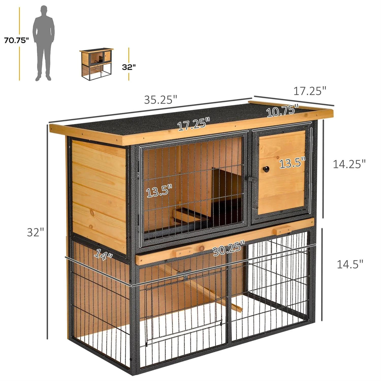 Pefilos 35" Metal Frame Wooden Rabbit Hutch with Asphalt Openable Roof, No Leak Tray, Outdoor Bunny Enclosure Guinea Pig Cage for Small Animals, Beige