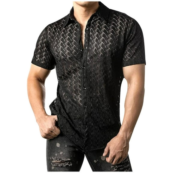 miqiqism Man's Sexy Sheer Mesh Tshirts Button Down Shirts Short Sleeve Blouse Tops Trendy Muscle Top Outfits Fashion Tee for Men,01_Black,Large