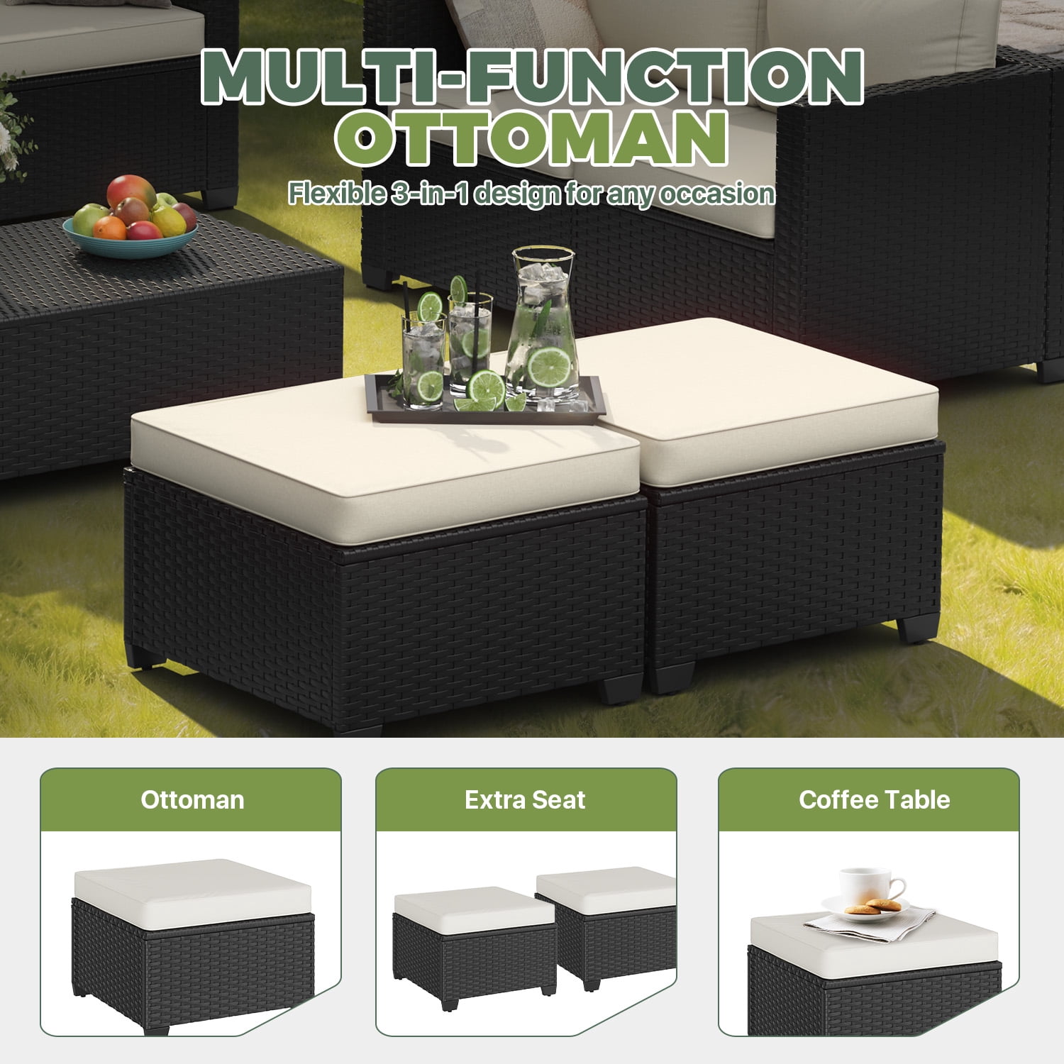 BaPiPro 7-Piece Beige PE Rattan Outdoor Sectional Sofa Set, Patio Furniture with Storage Table, Convertible Ottomans & Weather Resistant Cushions for Backyard & Poolside