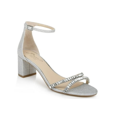

JEWEL BADGLEY MISCHKA Womens Silver Glitter Padded Ankle Strap Embellished Joanne Open Toe Block Heel Buckle Dress Heeled Sandal 8 M