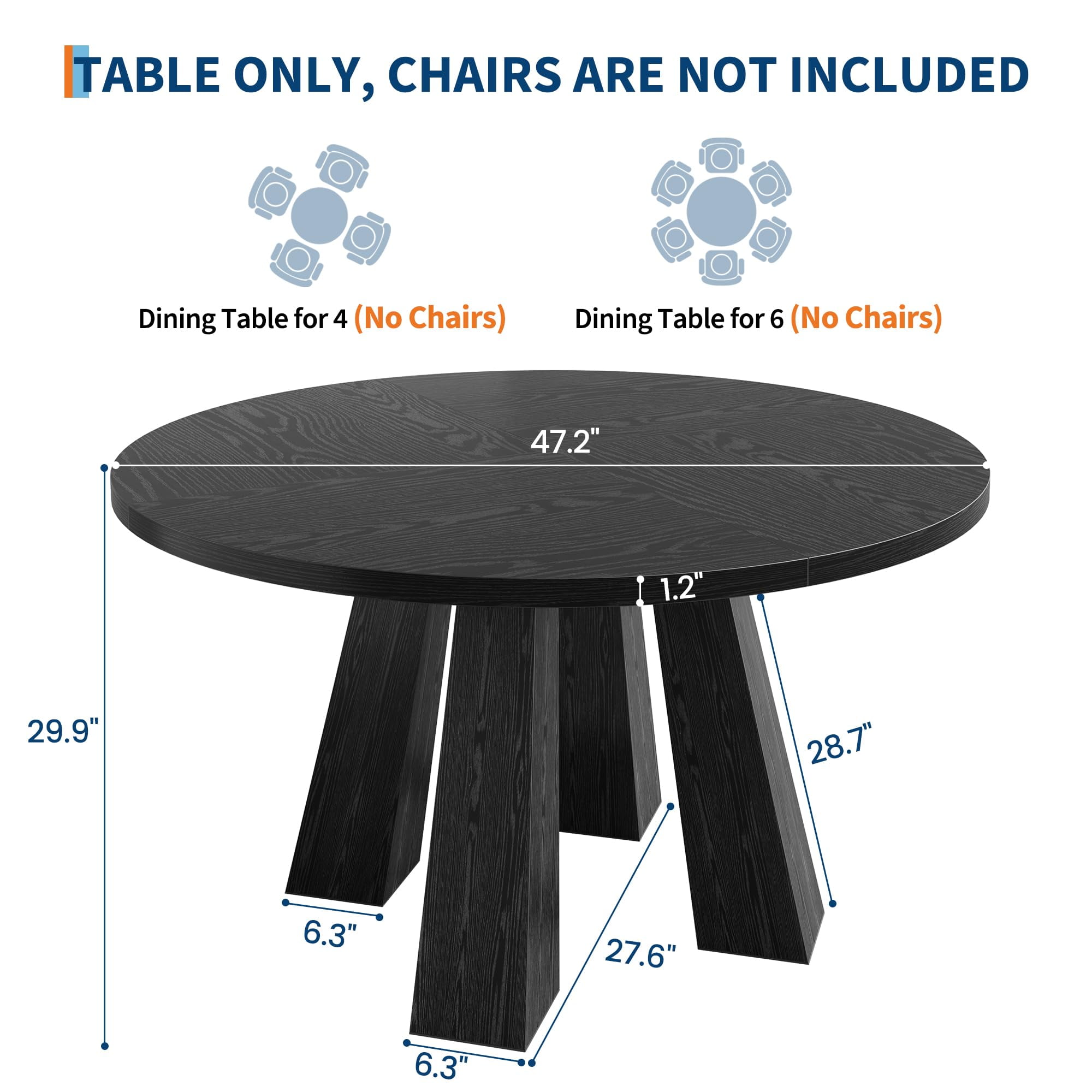 47" Round Farmhouse Dining Table for 4 | Sturdy Kitchen Table & Breakfast Nook Centerpiece Space-Saving Design for Dining Room (Table Only)
