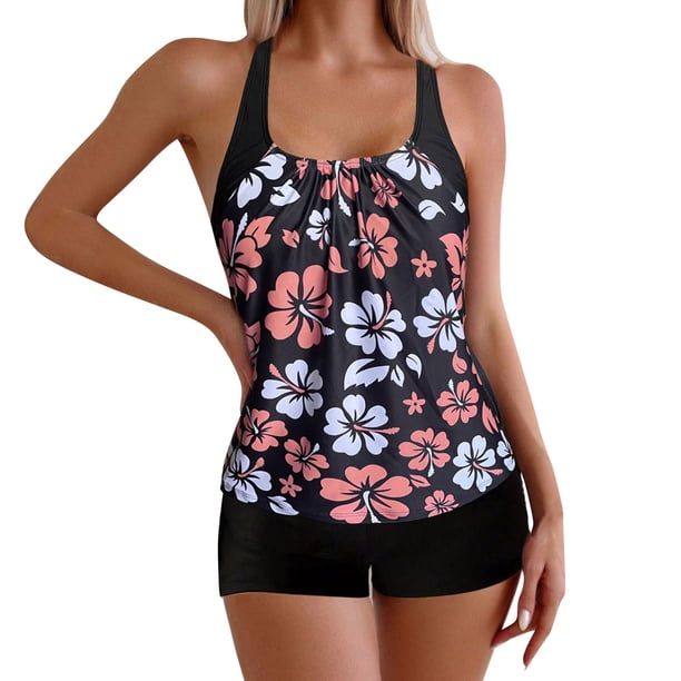Gibobby Conjunto de Bañador Sexy Traje de baño para mujer Tankini Traje de baño normal de 2 piezas Sin espalda Impresión de 2 piezas Estampado ajustable (E,G)