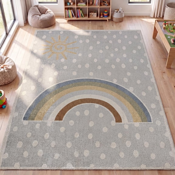 JONATHAN Y KIDS WASHABLE Minha Rainbow Dot Area Rug, 4 x 6, Gray/Ivory/Yellow