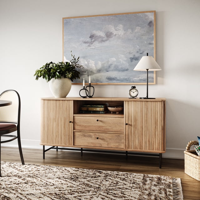 CorLiving Hikari Engineered Wood Curved Sideboard with Tambour Panel Doors, 2 Drawers, and 5 Shelves, Light Brown