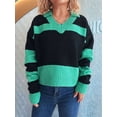 thumbnail image 5 of Women Fall V Neck Sweater Color Block Long Sleeve Shirt Casual Loose Striped Pullover Sweaters Green L, 5 of 9