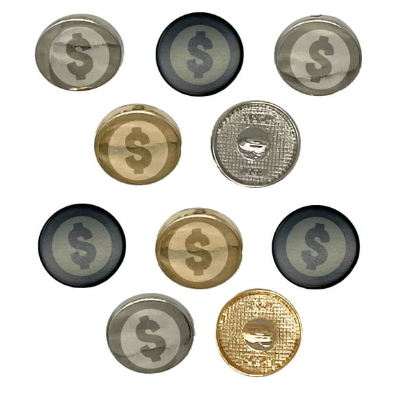 Dollar Sign Money in Circle Set of 10 Metal 0.6" (15mm) Sewing Shank Round Buttons - Black Color