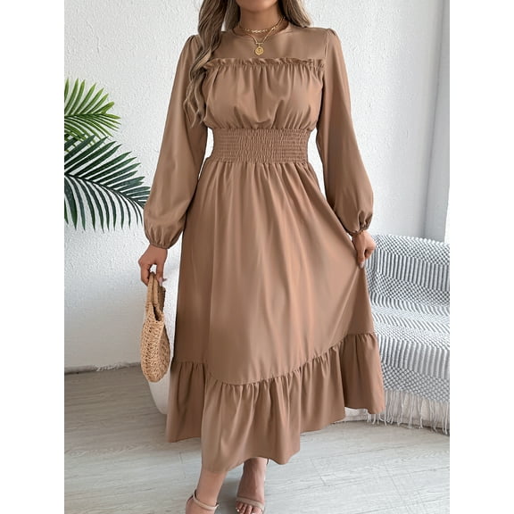 Women's Elegant Shirred Waist Ruffle Hem Dress Scoop Neck Casual Long Sleeve Dress
