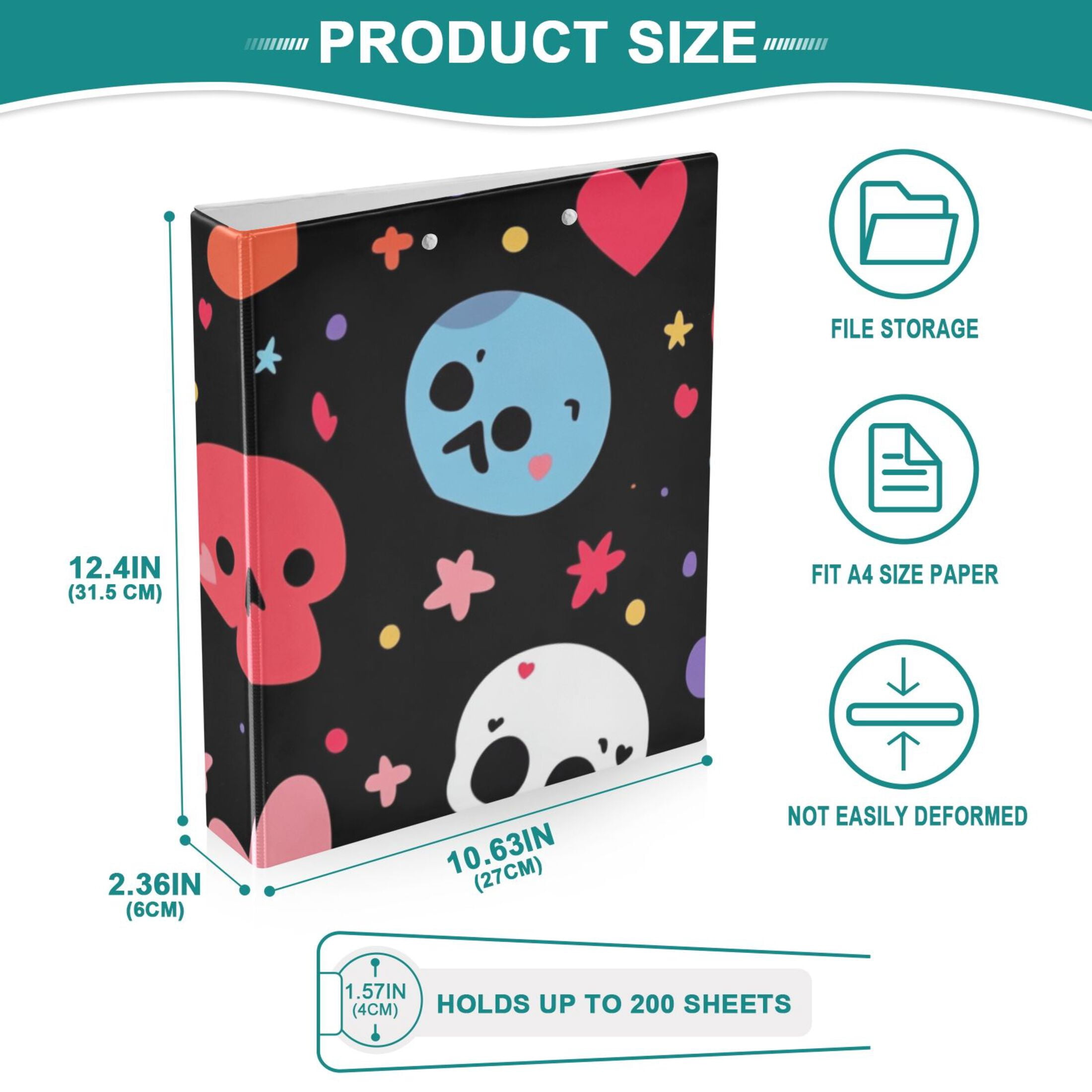 Hearts Skulls 3 Ring Binders 1.5 inch Hardcover File Folders with Interior Pockets A4 Size Organizer for School Office Hospital
