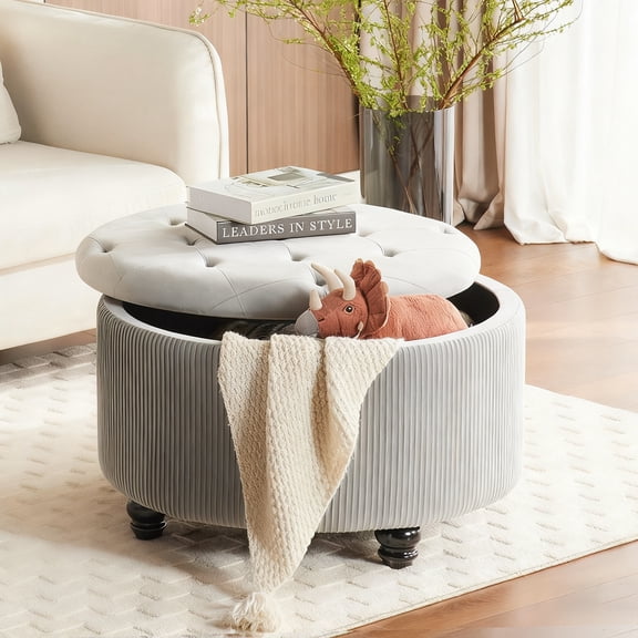4-in-1 Light Gray Storage Ottoman with Hidden Compartment, No Assembly Required. 29-Inch Multifunctional Footrest, Coffee Table & Seat, Holds 300lbs, 26 Gallon Capacity.