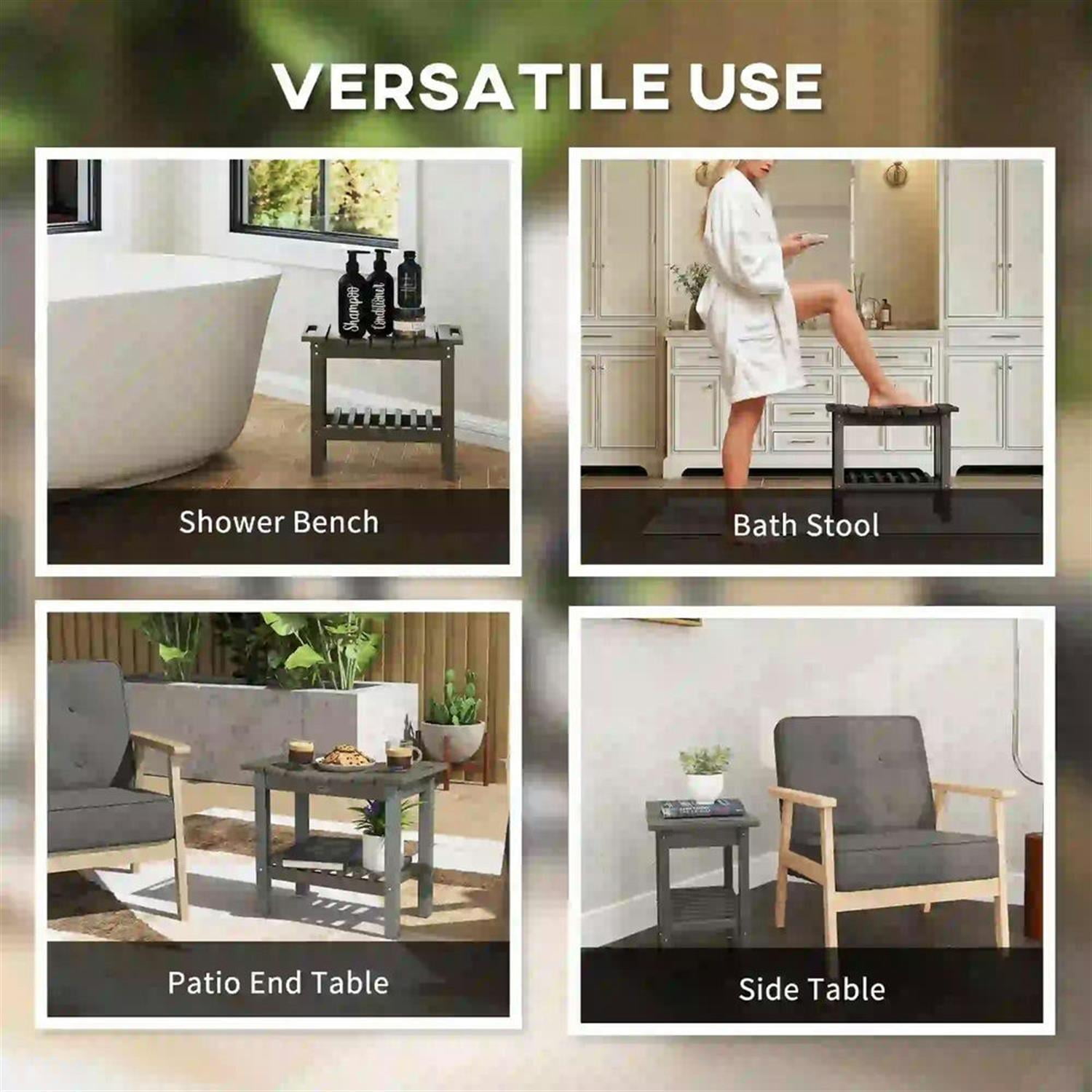 Demi Bonn 20" HDPE Shower Bench, Waterproof Stool with Handle, Storage Shelf, Non-Slip Pads, Indoor/Outdoor for Bathroom, Gray