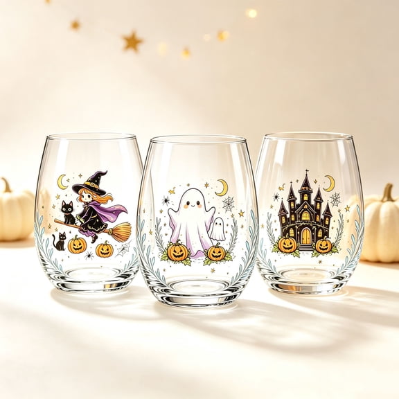 2D Halloween Glass Cups, Cute Coffee Glass Cups, Glassware Drinking Glasses, Stemless Drinking Glass with Spooky Designs, Clear Cups for Cocktails, Juices & Iced Coffee (A)