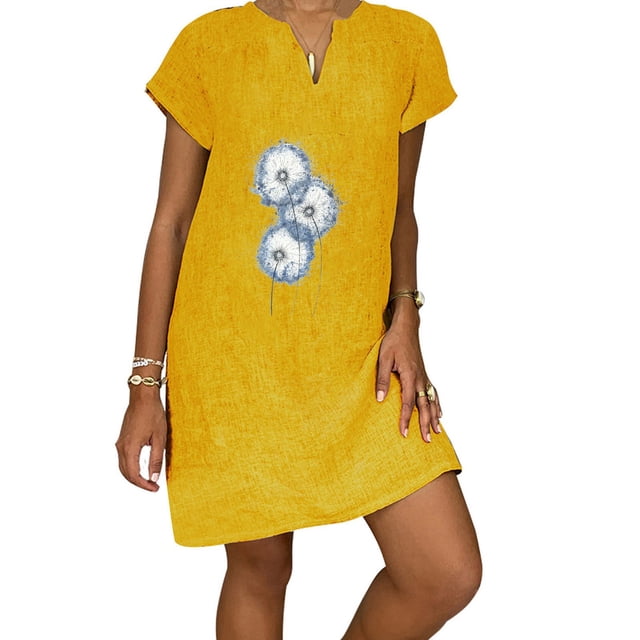 Mefallenssiah Robes d'Été Décontractées à Manches Courtes Col en V Imprimé avec Poches pour Femmes Robe Ample