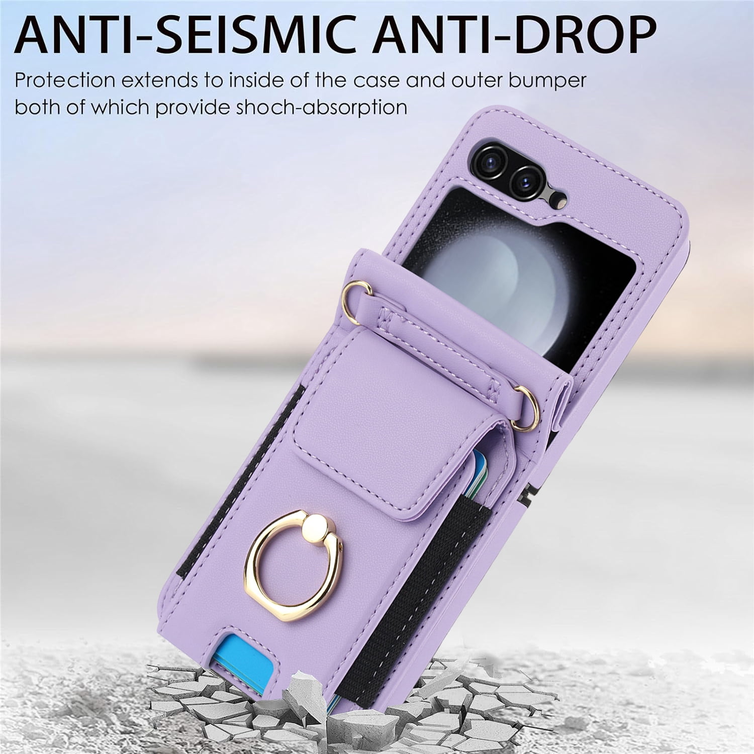 for Motorola Razr 60/Razr 2025 Case, Retro PU Leather Shockproof Protection Phone Case Wallet Built in Credit Card Slots Flip Cover Finger Ring Stand with Long Strap + Short Strap, Purple