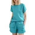 thumbnail image 3 of UVEASISHA Cotton Linen Shorts Sets for Women 2 Piece Short Sleeve Tshirt Matching Set Plus Size Lounge Sleepwear with Pockets Sky Blue XXL, 3 of 9