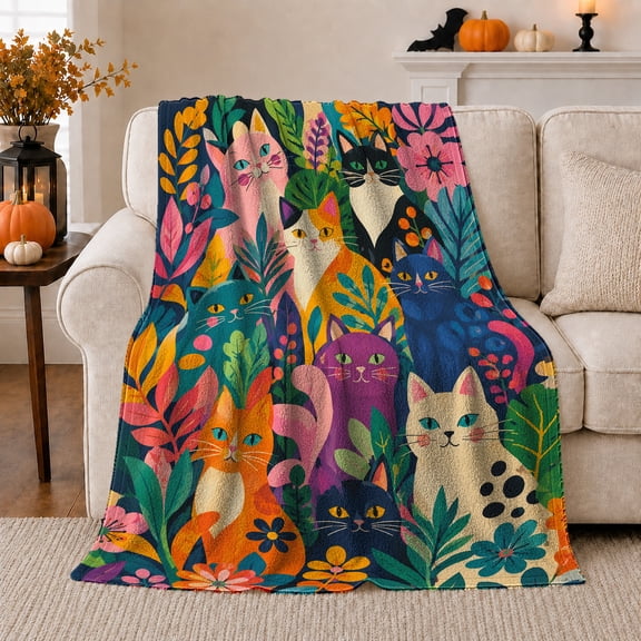 Whimsical Halloween Cats Botanical Pattern, Playful Pet Portrait Pattern, Warm Flannel Blanket for Living Room and Bedroom, Cat Lovers Halloween Gift, Pet Lover Home Decor