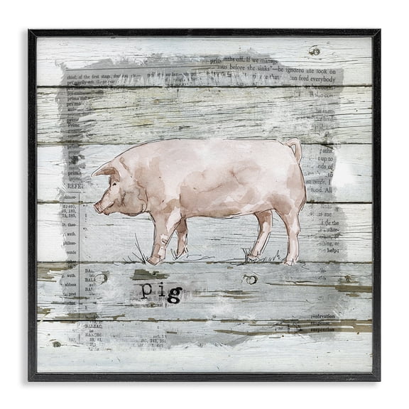 Stupell Industries Farmhouse Country Pink Pig over Book Collage Rustic Pattern Black Framed Giclee Art, 12 x 12, by Carol Robinson