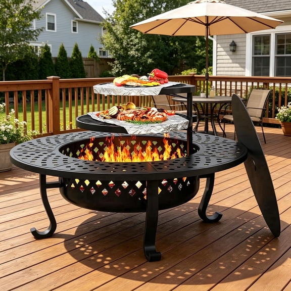 Blozoom 48" Fire Pit with 2 Grill for Patio, Backyard, Picnic, Camping, Black