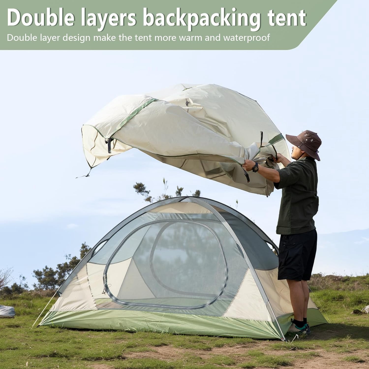 2 Person Camping Tent Lightweight Backpacking Waterproof Windproof Double Layer Outdoor Tents for Family Hiking