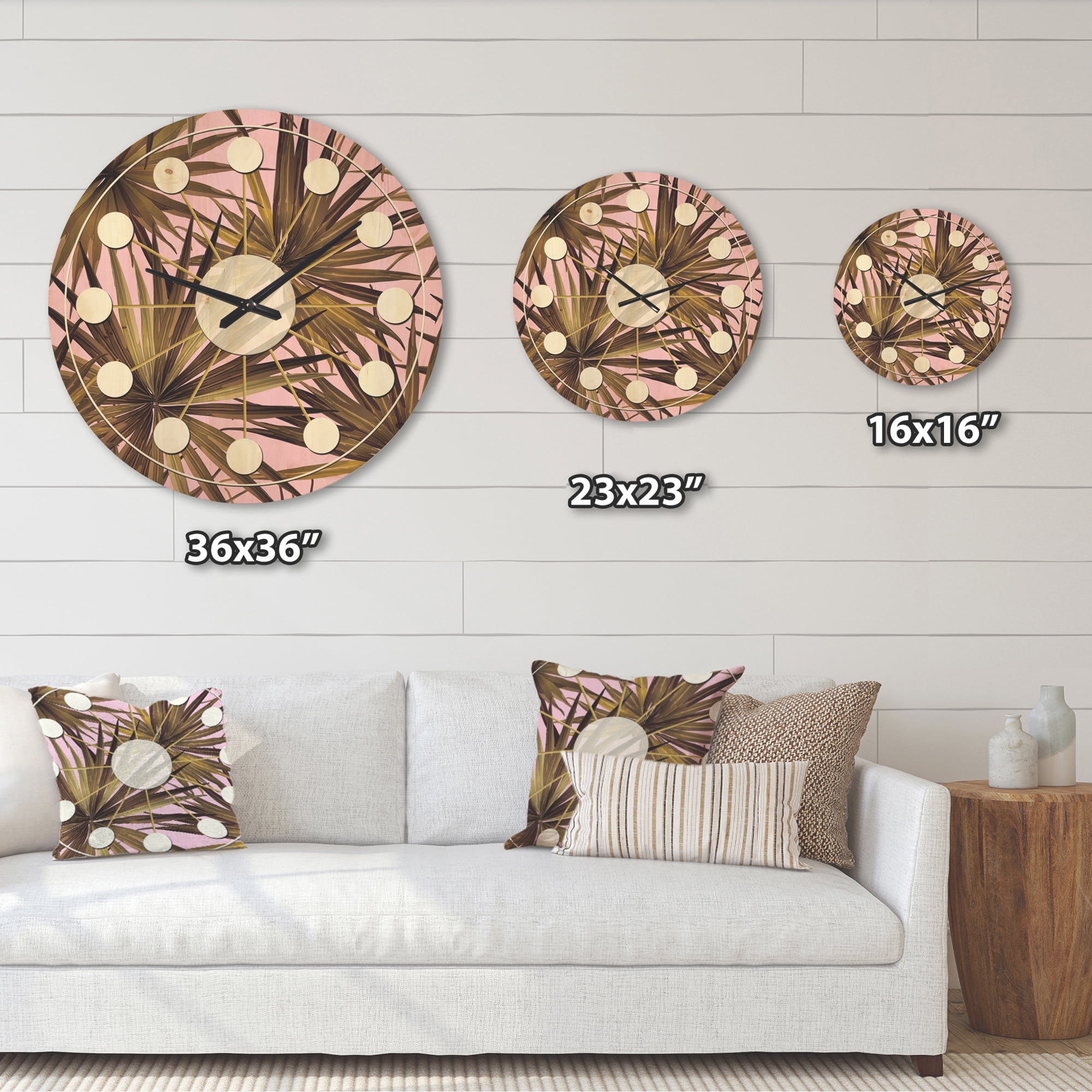 Designart 'Tropical Leaves On Pink Retro' Mid-Century Modern Wood Wall Clock
