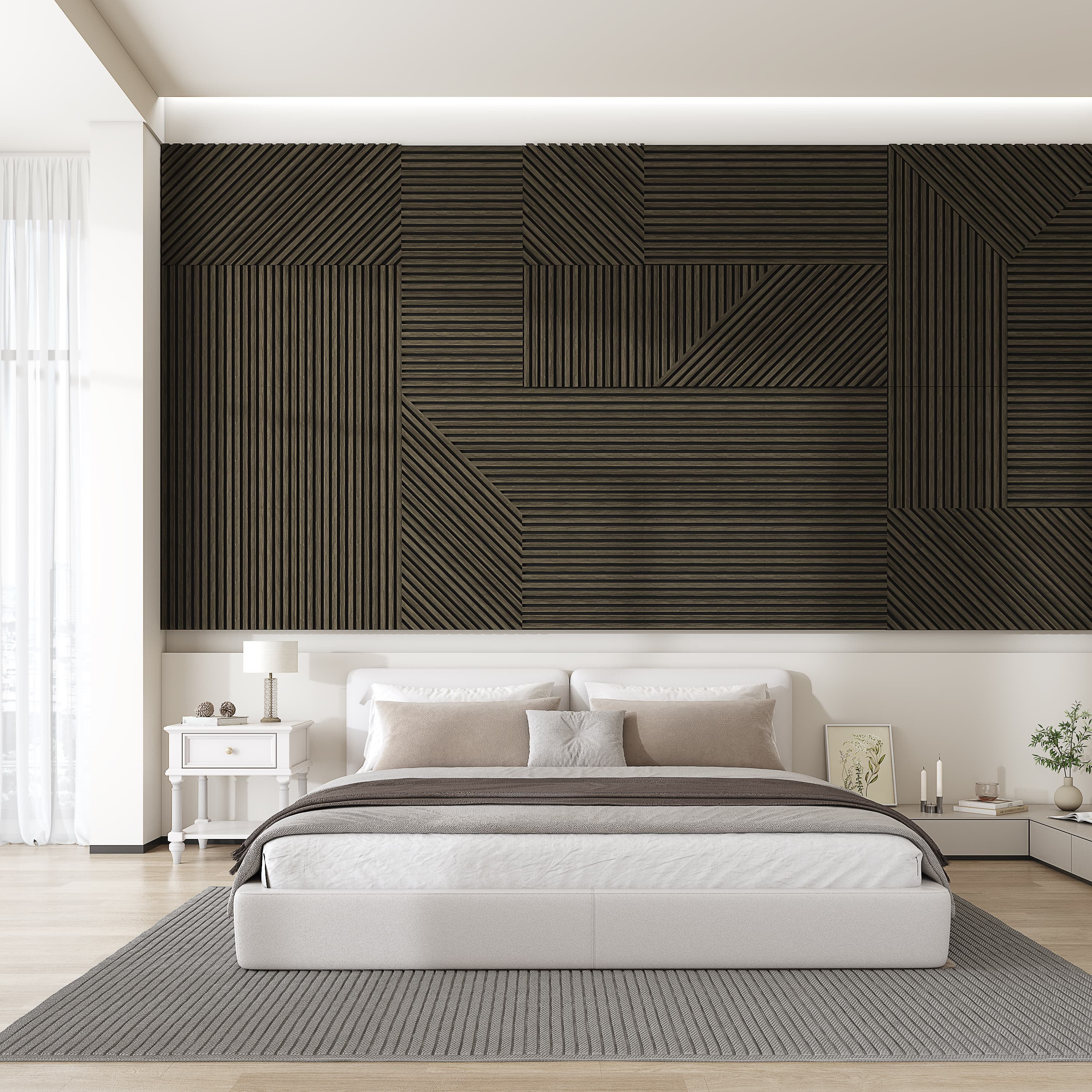 24"x24" Acoustic Slat Wood Wall Panel 3D Slatted Wall Panels 4Pcs,Walnut