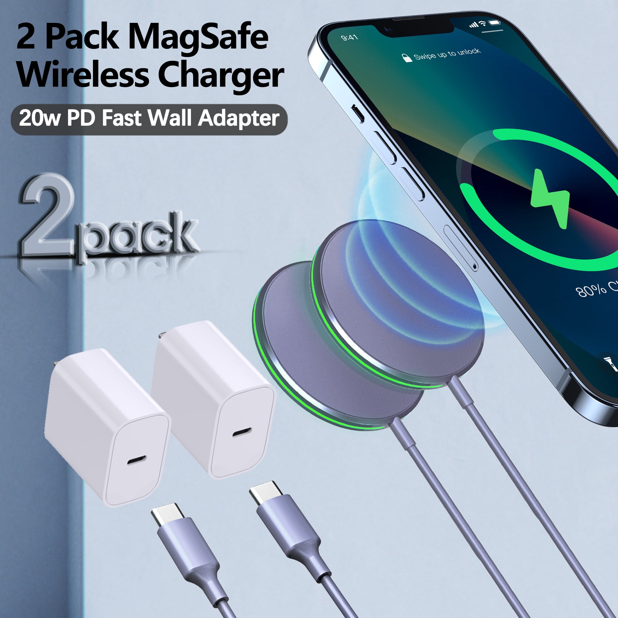 2 Pack 15W Magnetic Wireless Charger Mag-Safe Compatible with iPhone 17-12 Series & AirPods, 20W Adapter 6ft Cable Wireless Charging Pad