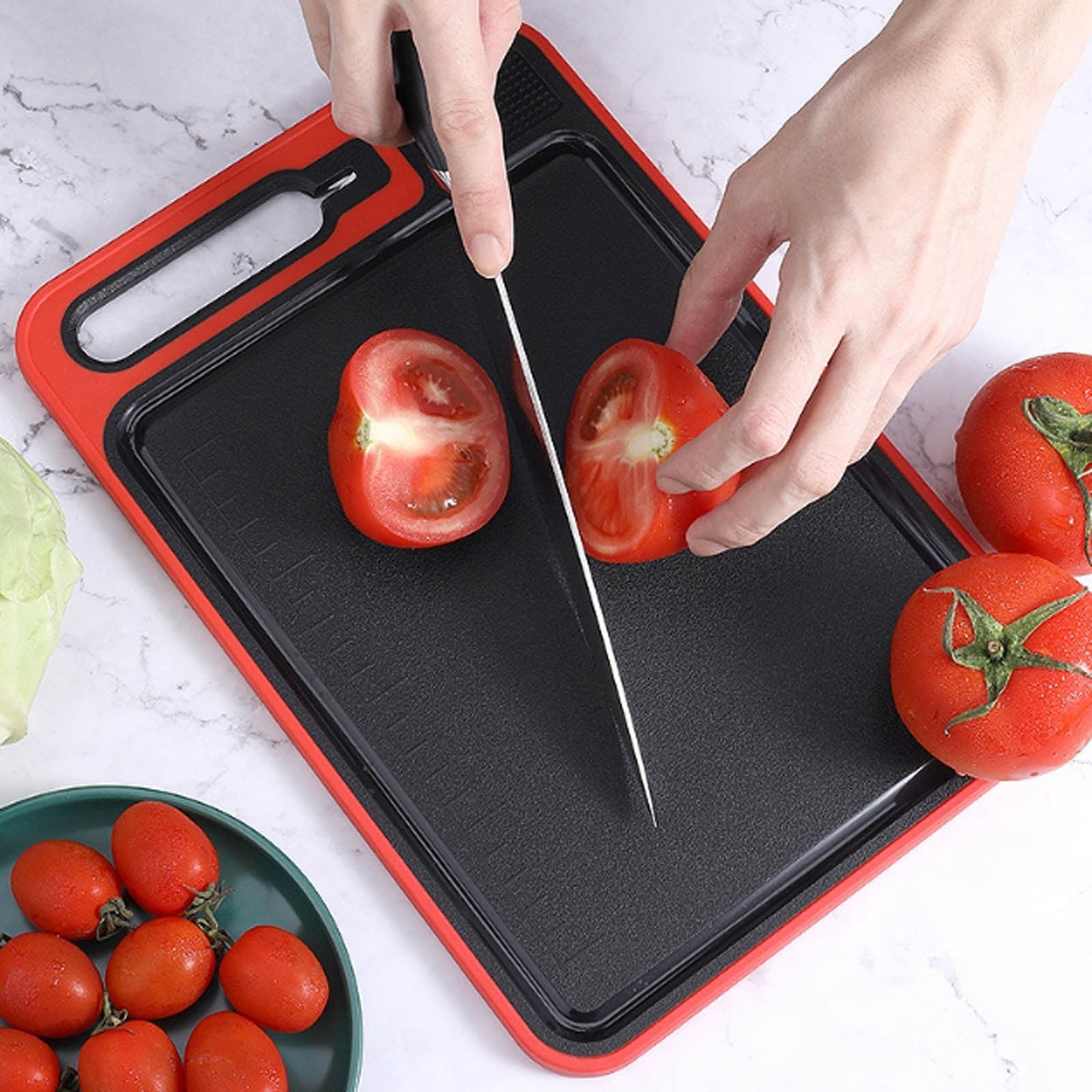 4-in-1 Defrosting Tray for Frozen Meat - Meat Thawing Tray with Built-In Knife Refiner, Garlic Grater & Cutting Board - Thawing Plate for Frozen Food - Non-Slip, Dishwasher Compatible - Red