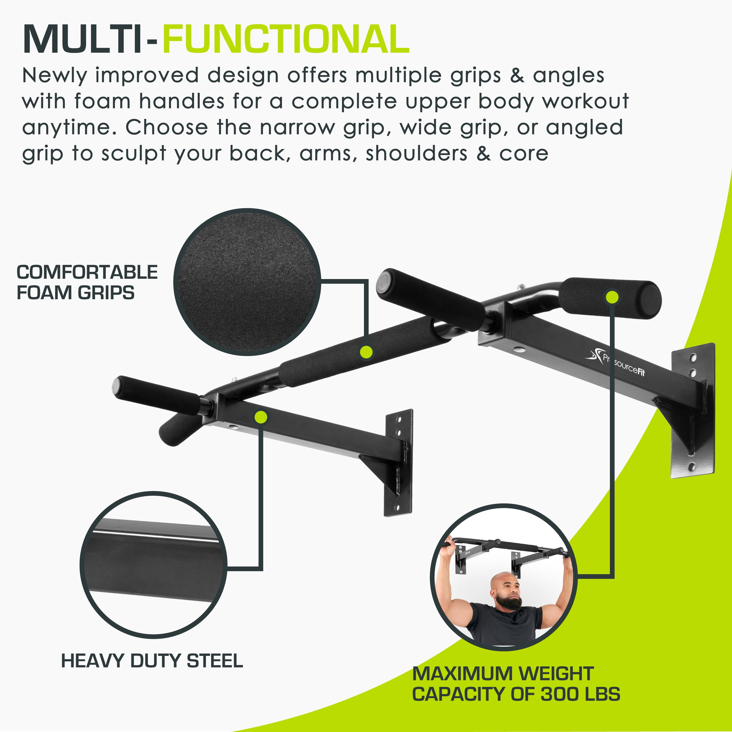ProsourceFit MultiGrip ChinUp/PullUp Bar, Heavy Duty Doorway Trainer