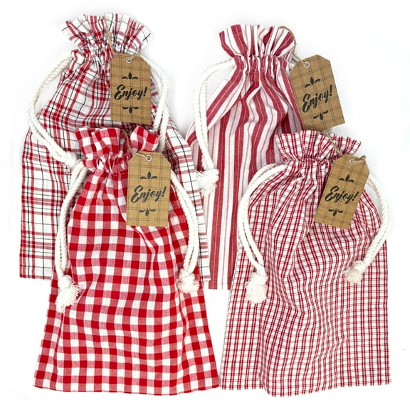 Perfect Red Large Plaid Christmas Fabric Gift Bag; 15" x 10" - Set of 4