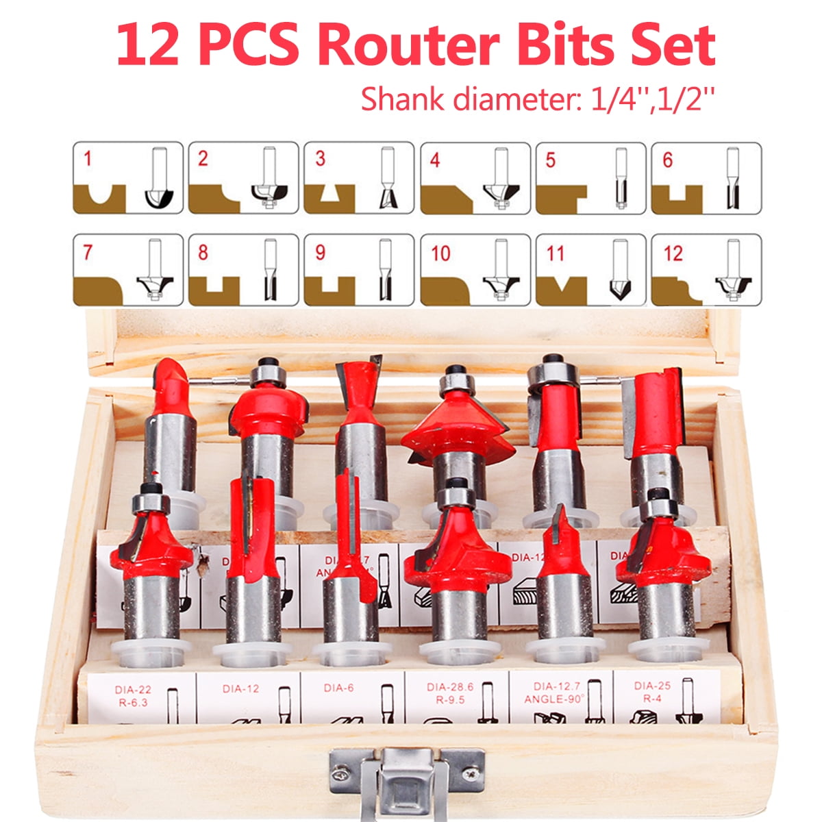 12pcs/set 1/4 inch Tungsten Carbide Router Bit Set "V" Grooving Bit