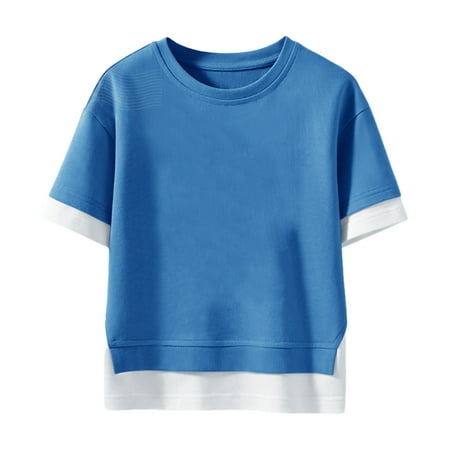 

LNWUY Middle and Large Children s Short-Sleeved Solid Color Summer Cotton Tops Round Neck Short Sleeves 2-8 Years Blue 5Y
