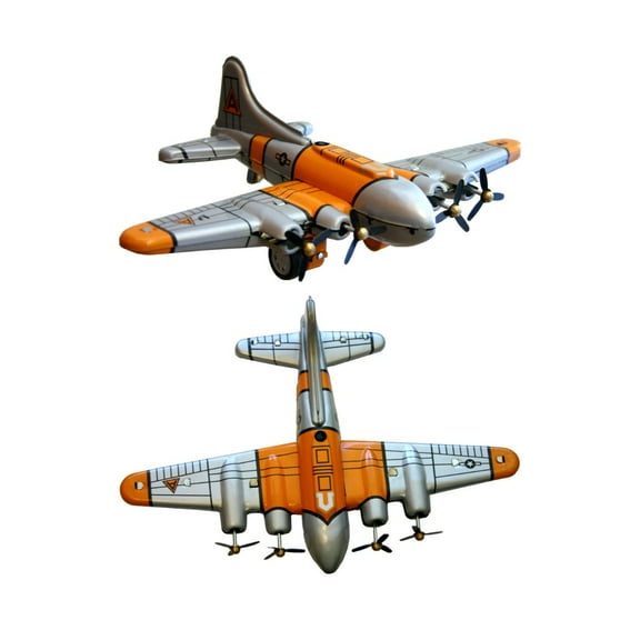 Alexander Taron 9" Orange and Silver Wind Up B-17 Style Bomber Airplane Collectible Tin Toy
