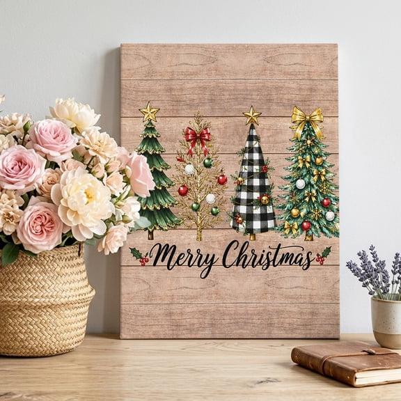 Canvas Wall Art, Christmas Trees Framed Canvas Prints for Living Room Bedroom, Xmas Tree Balls Black Plaid Vintage Gallery Wrapped Wall Decor for Home Office, Gifts, 12"x16" Ship Next Day