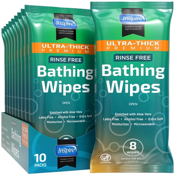 INSPIRE Ultra Thick Rinse Free Adults Bathing - Wet Wipes Thick Strong XL with Aloe,10 Pack