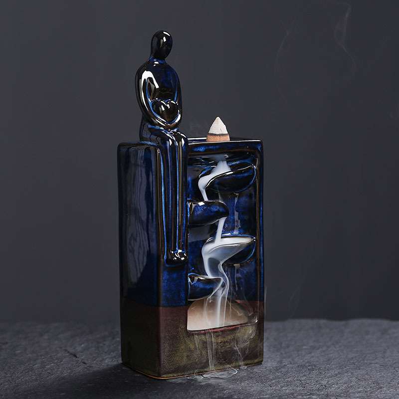 Statue Backflow Incense Holder Incense Burner Waterfall Aromatherapy Ornament Home Decor with Incense Cones and Incense Stick (Blue)