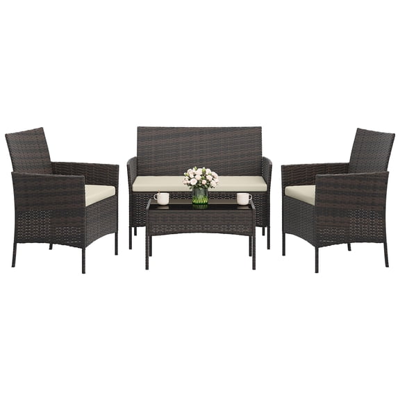 4-Piece Outdoor Patio Bistro Set – Brown Four-Strand Wicker Rattan Furniture – Creamy-White Washable Cushions, Tempered Glass Coffee Table – Weather-Resistant Garden Set (Brown Four-Strand