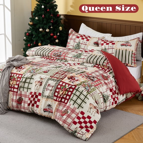 Christmas Duvet Cover Queen Size, Reindeer & Snowman Xmas Bedding with 2 Pillow Shams
