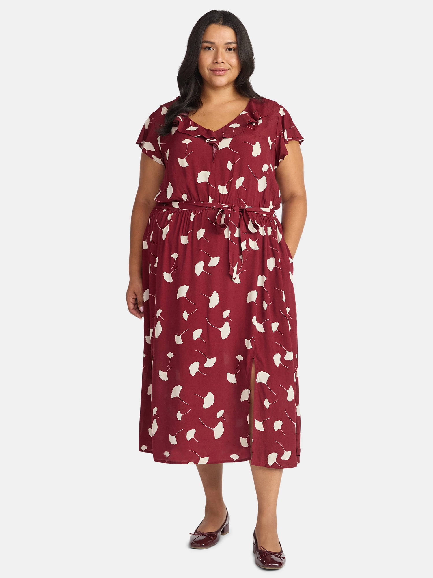 Time and Tru Women's and Women's Plus Ruffle Midi Dress with Flutter Sleeves, Sizes XS-4X