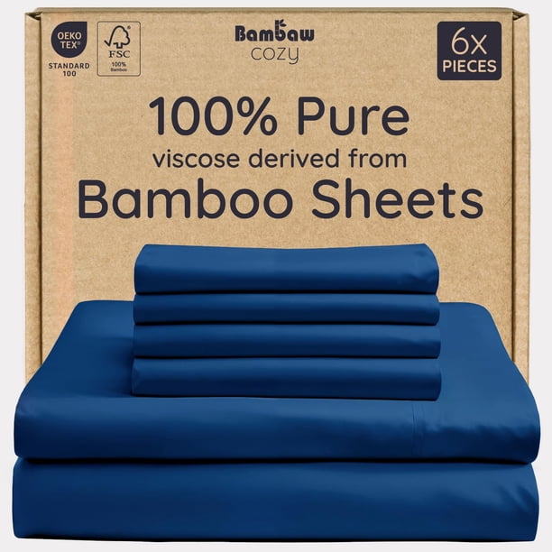 Juego de Sábanas Ajustables Bambaw Queen 100% Bambú Refrescante Azul Marino