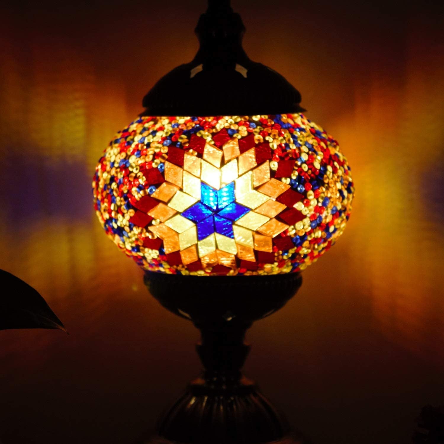 Kindgoo Moroccan Turkish Table Lamp Vintage Handmade Unique Glass Bedside Lamp with Bronze Base