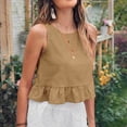 thumbnail image 6 of Mittory Womens Round Neck Cotton Linen Tank Tops Regular Fit Solid Color Ruffled Hem Cropped Tops Summer Sleeveless Shirts, 6 of 6