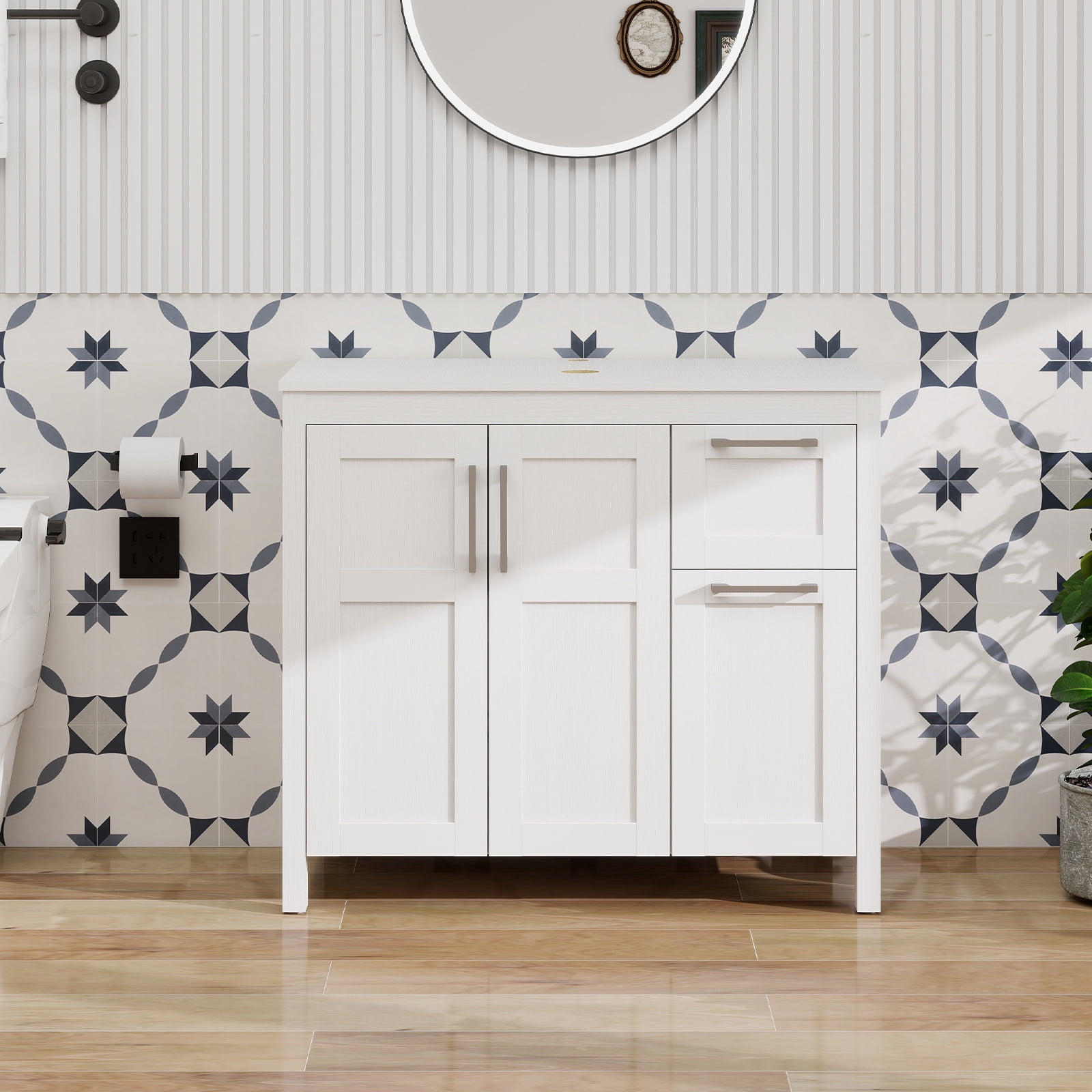FULLWATT 36 Inches Traditional Bathroom Vanity in White Finish with Square Ceramic Vessel Sink, Single Bathroom Vanity with Top, 2-Door Cabinet and 2 Drawers