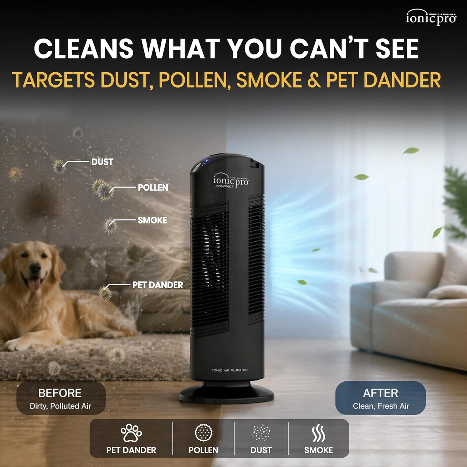Ionic Pro Compact Ionic Air Purifier, 250 sq ft Room Capacity, Two Speeds