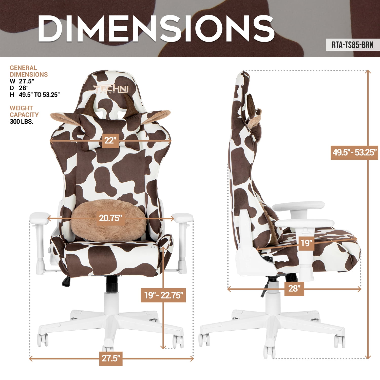 Techni Sport TS85 Brown Cow Series Gaming Chair with Memory Foam Seat RTA-TS85-BRN