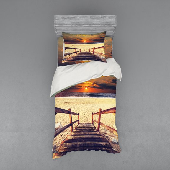 Ambesonne Beach Bedding Set 3 Pcs, Romantic Sunset Skyline, Twin, Orange Cream