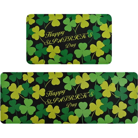 2Pcs St. Patrick''s Kitchen Rugs, Green Shamrocks Area Rug Set of 2, Non-Slip Lucky Clover Floor Mat for Bathroom, Absorbent Door Mat with Anti-Slip Rubber Backing, 17'''' x 47''''   17'''' x 30''''
