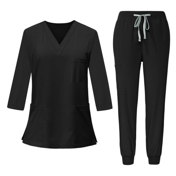 WTOBBY Women's Quick-Dry V-Neck Scrubs Set, 3/4 Sleeve Top with Pockets & Pants, 2-Piece Nursing Uniform, Medical Workwear for Women, Healthcare Professional Attire,Black L