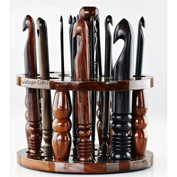 DnU Avenue Rosewood Set of 15 Ergonomic Crochet Hooks 3.5 MM to 25 MM, Wooden Yarn Crochet Hooks for Arthritic Hands, Knitting & Crochet Hook, Soft Grip, Wood Finish, Brown (Hooks with Stand)